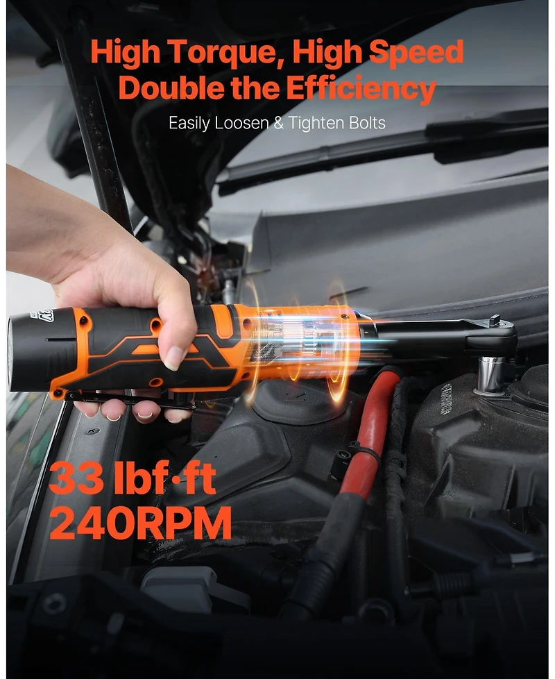 Mecale Cordless Ratchet Wrench Set, 3/8" Drive, 240 Rpm, 33 ft-lbs Torque, 2 Batteries, Charger, Sockets, Adapter, Extension Bar