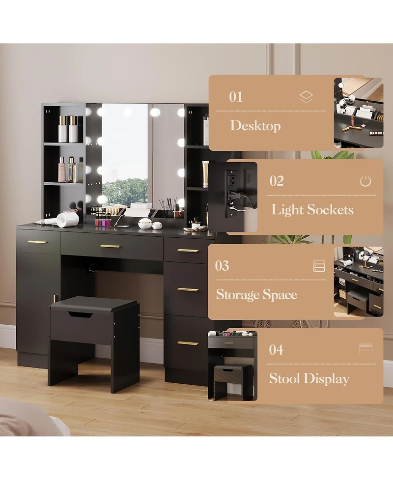 gaomon Farmhouse Vanity Set with Lighted Mirror,56 Inch Modern Makeup Vanity with Charging Station&Storage Shelves