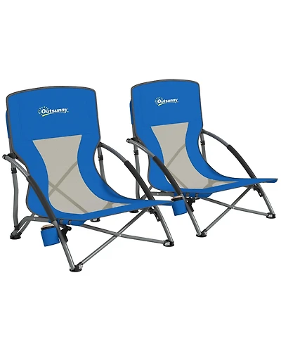 Outsunny Set of 2 Folding Beach Chair with Carry Bag and Cup Holder