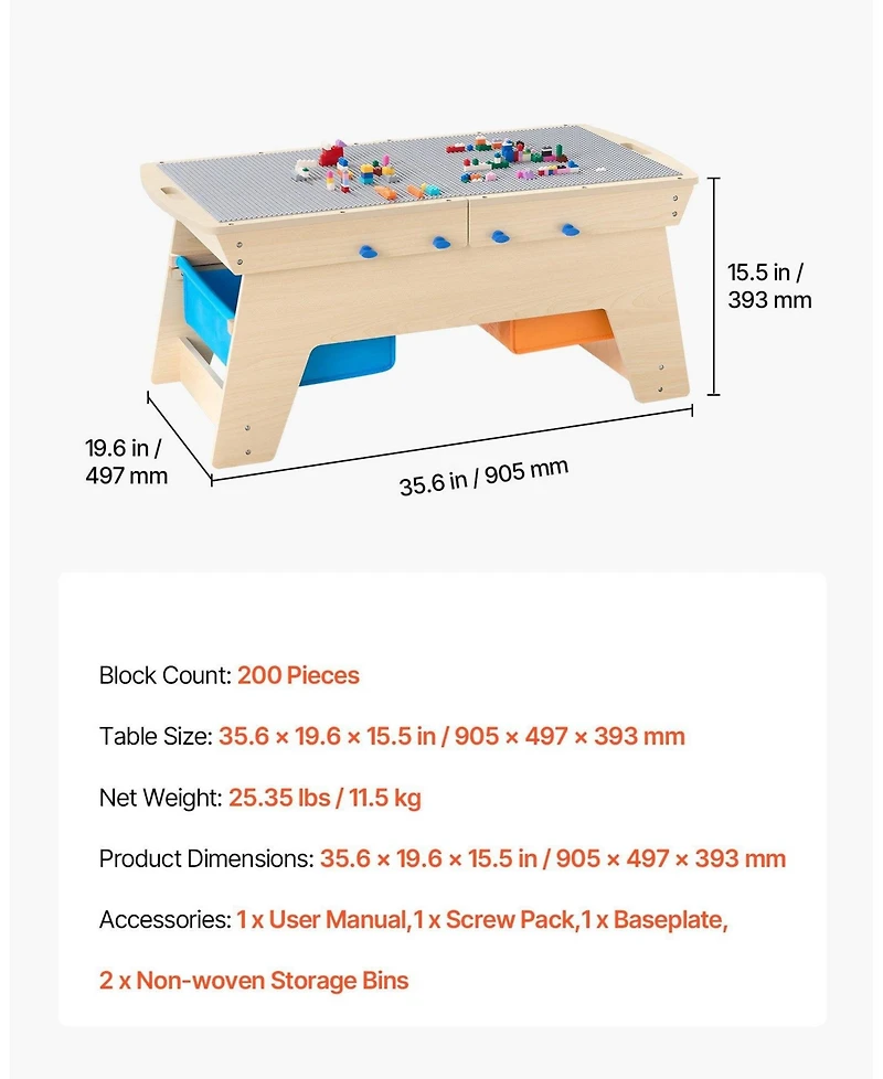 Mecale Kids Reversible Wooden Activity Table w/ 200 Bricks & 3 Storage Bins, Ages 3+