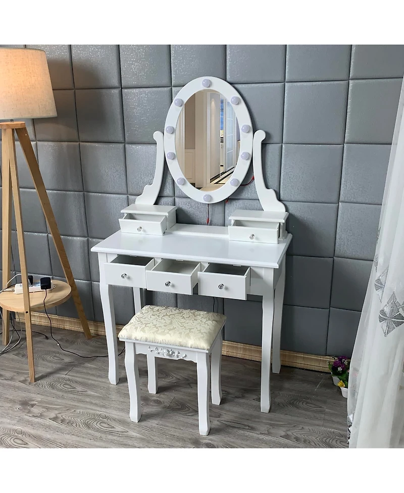Modern Makeup Vanity, Girls Vanity Set with Lighted Mirror and Cushioned Stool