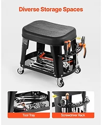 Mecale Mechanic Stool with Wheels, 300 lb Capacity, 360° Swivel Garage Work Stool with Tool Tray & Screwdriver Rack, Heavy-Duty