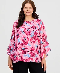 Kasper Plus Floral Ruffled-Sleeve Blouse