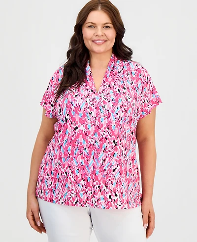 Kasper Plus Printed Pleated Funnel-Neck Top