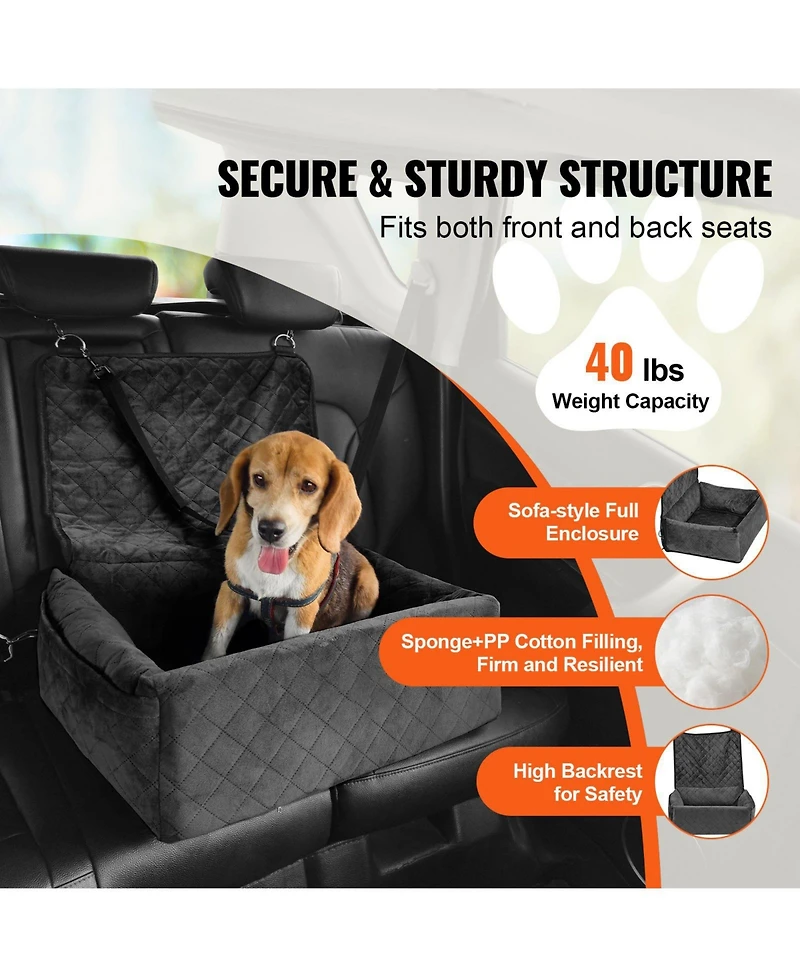 Cozito Dog Car Booster Seat w/ Storage Pocket & Safety Leash, Sponge + Pp Cotton Fill, Dog Car Bed for Small/Medium Dogs up to 40 lb