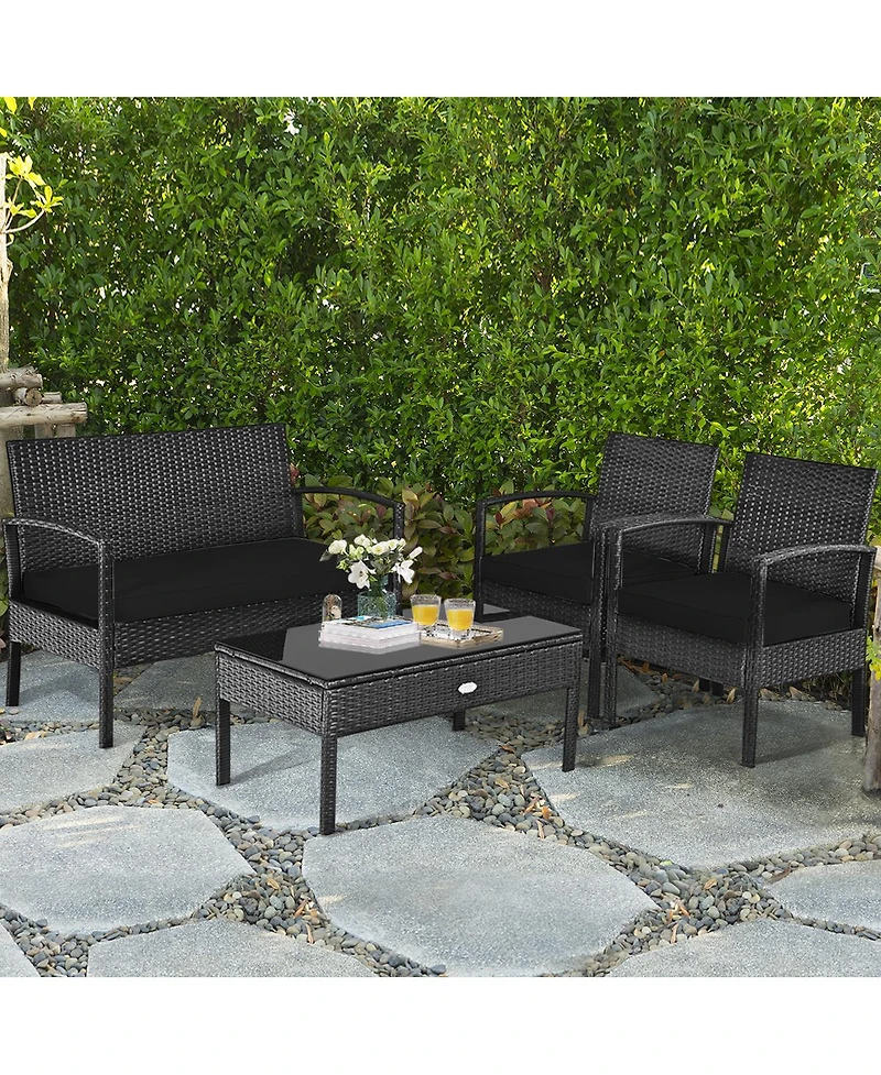 4 Pieces Patio Rattan Cushioned Furniture Set with Loveseat and Table