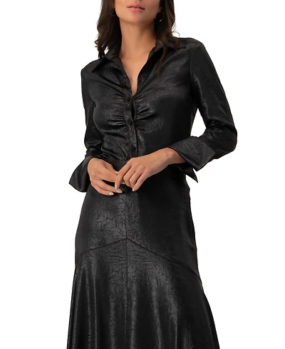 Ivonne Women's Long Sleeve Faux Leather Shirt