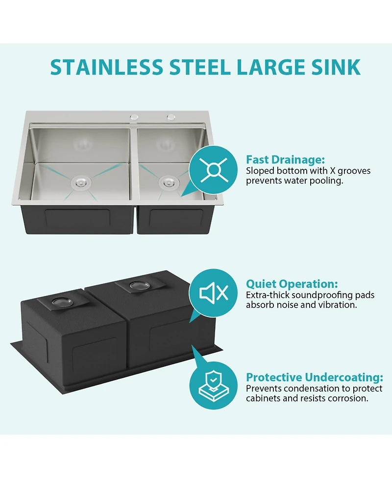 flynama 33x22x10inch Topmount Double Bowl Kitchen Sink 16 Gauge 60 and 40 Split Brushed Nickel