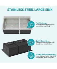 flynama 33x22x10inch Topmount Double Bowl Kitchen Sink 16 Gauge 60 and 40 Split Brushed Nickel