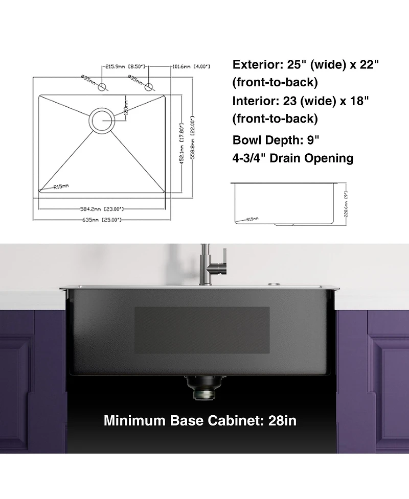 flynama 25x22inch Gunmetal Black Kitchen Sink Topmount Stainless Steel 18 Gauge