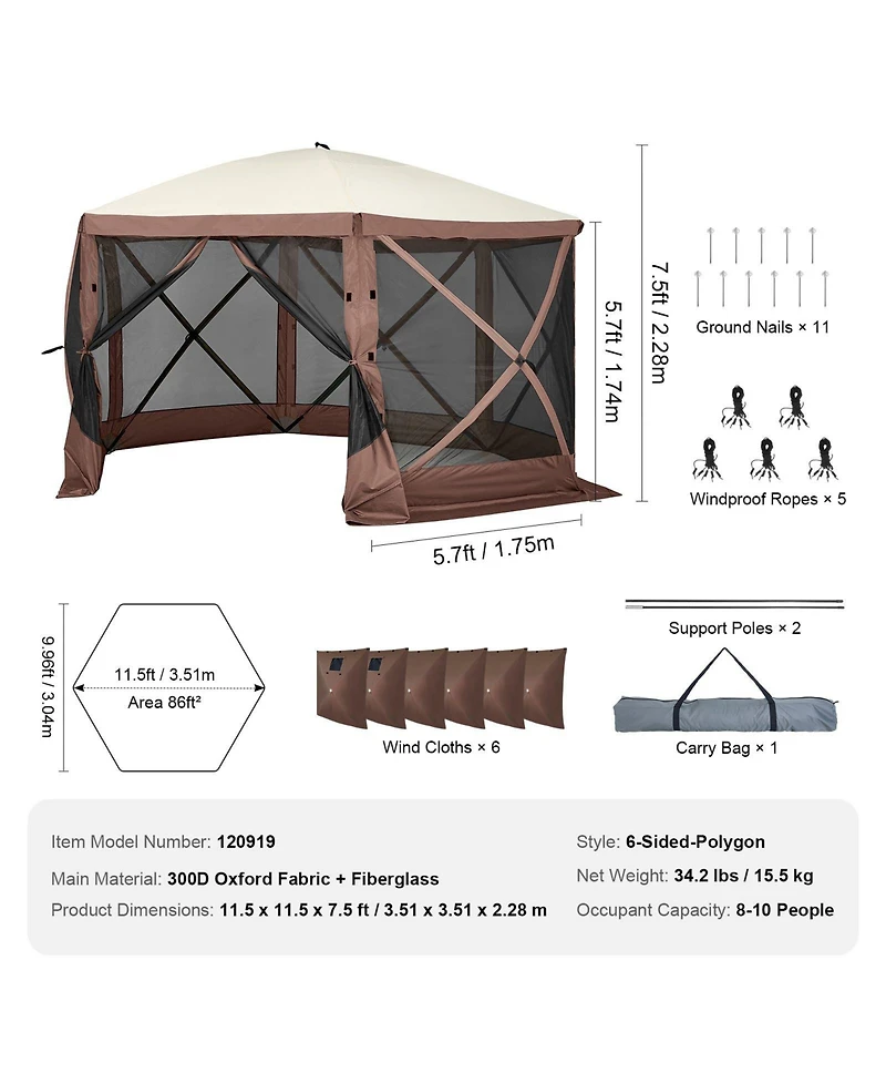 Mecale 11.5 x 11.5FT Pop-Up Gazebo Screen Tent, 6-Sided Canopy with Privacy Wind Cloths, Mesh Windows, Mosquito Netting