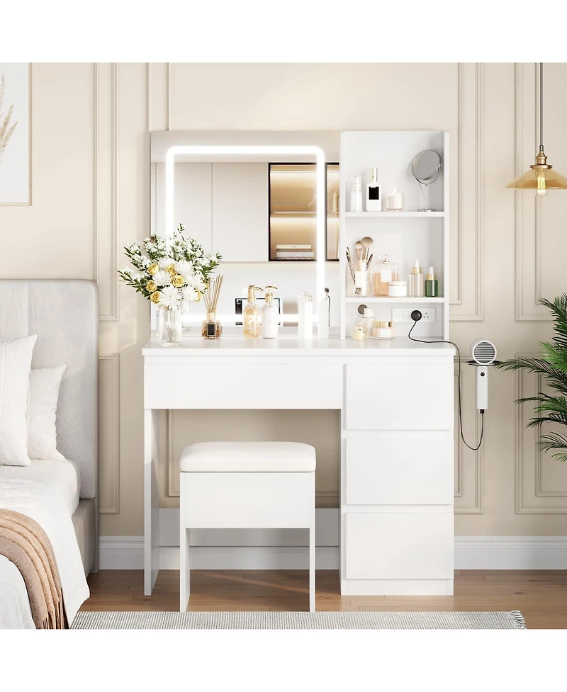 gaomon Makeup Vanity Desk with Lighted Mirror, Dressing Table Set 4 Drawers, Power Outlet, Storage Shelves