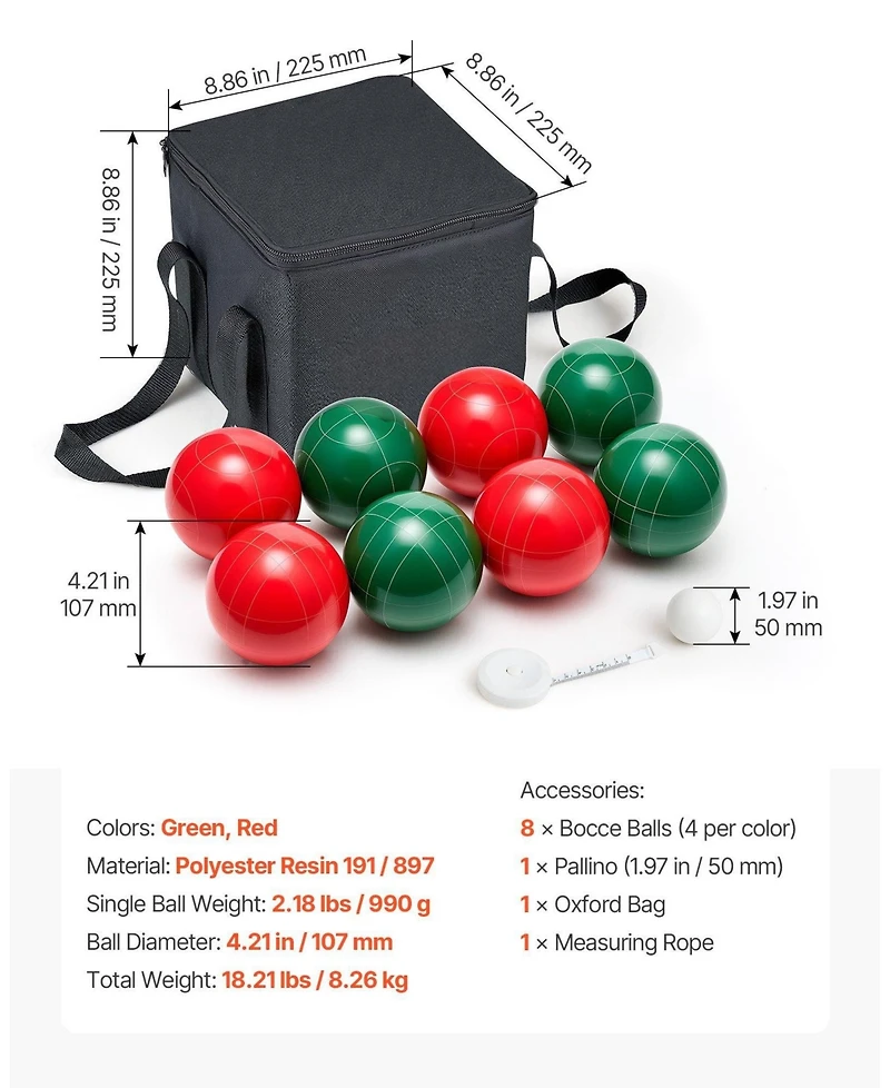 Mecale Bocce Ball Set, 107 mm, 8 Resin Balls + Pallino, Carry Bag & Measuring Rope, 2-8 Players