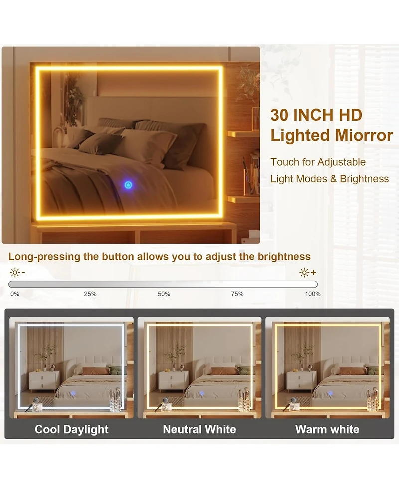 Gaomon 5 Drawer Makeup Vanity Desk Lights & Power Outlet, Modern Fluted Design for Bedrooms, Apartments, Easy to Assemble