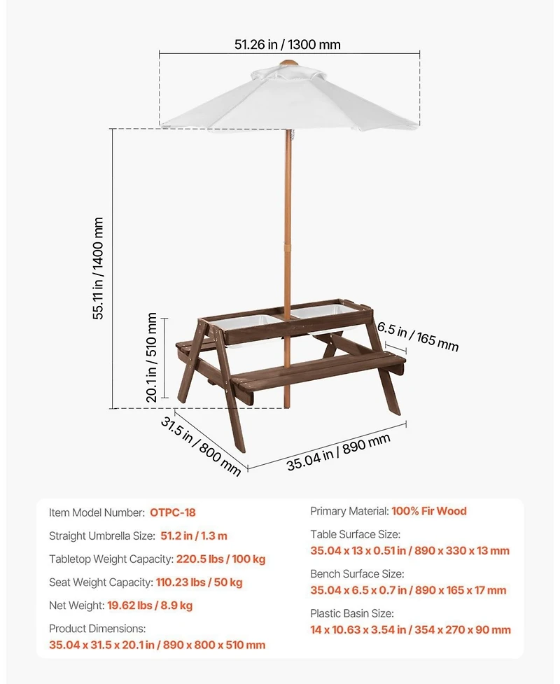 Mecale Kids Picnic Table with Umbrella, 3-in-1 Sand and Water Table, Wooden Table and Bench Set with 2 Trays, Seats 4