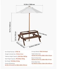 Mecale Kids Picnic Table with Umbrella, 3-in-1 Sand and Water Table, Wooden Table and Bench Set with 2 Trays, Seats 4