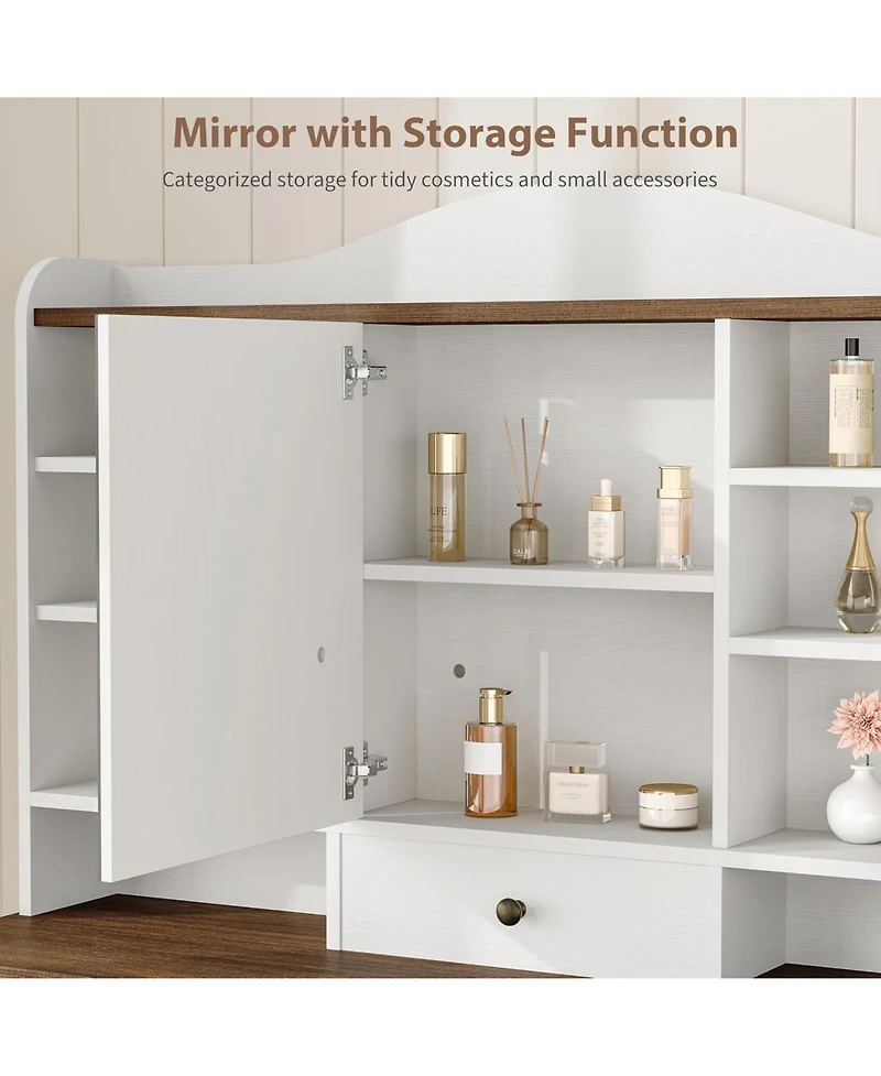 Gaomon 47 Inch Wide 8 Shelves Makeup Vanity Desk and Chair comes Mirror and Lights for Bedrooms, Apartments, Easy to Assemble