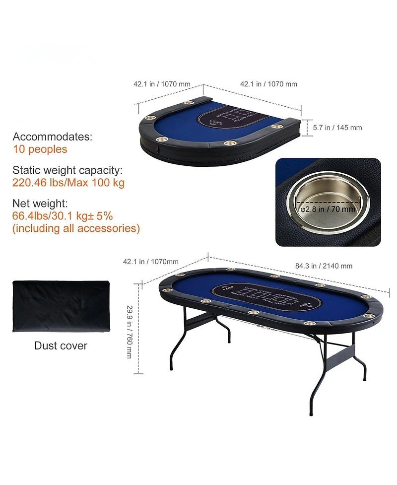 Mecale 84" Oval Foldable Poker Table for 10 Players, Padded Rails, Stainless Steel Cup Holders, Portable Blackjack & Card Table