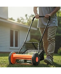 Mecale 16" Push Reel Lawn Mower, 5-Blade Manual Mower, 0.6–1.75" Adjustable Cutting Height, Includes Grass Catcher Bag