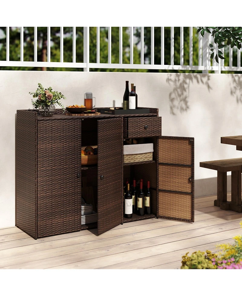 Slickblue Outdoor Wicker Storage Cabinet with Three Doors for Patio