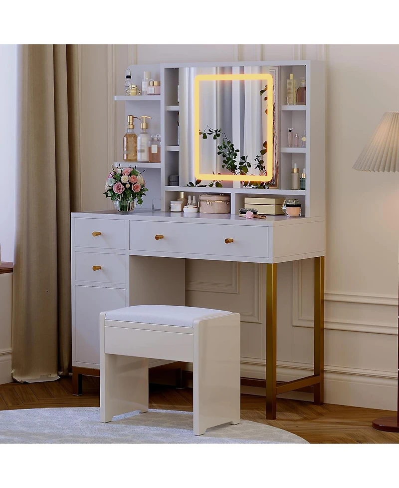 White Vanity Desk Mirror and Lights Makeup Desk Dressing Table for Bedrooms, Apartments, Easy to Assemble