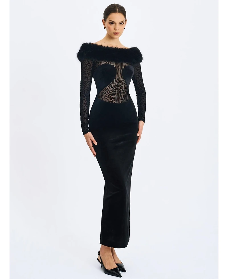 Miss Circle Women's Alexis Black Animal Print Fur Boatneck Maxi Dress
