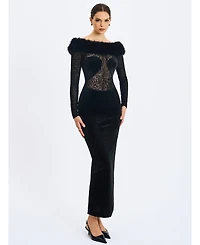 Miss Circle Women's Alexis Black Animal Print Fur Boatneck Maxi Dress