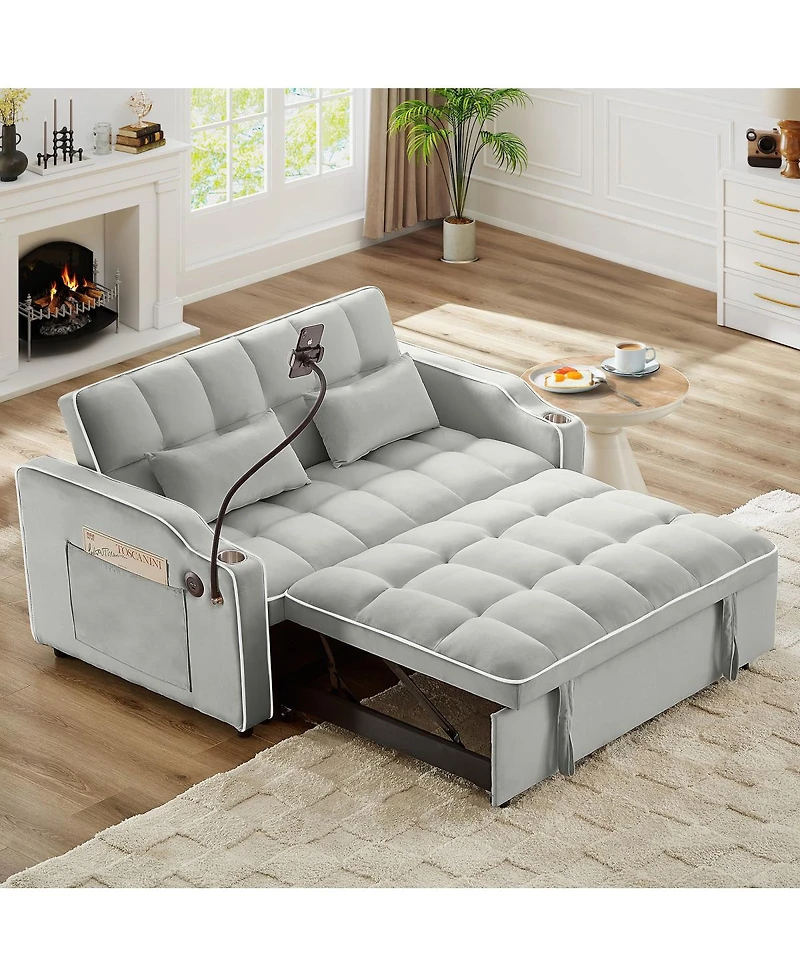 Streamdale Furniture Foldable Velvet Sleeper Sofa Bed with Usb, Phone Stand & Adjustable Back