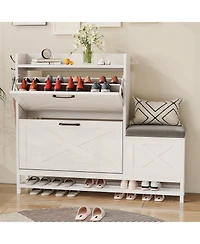 Gaomon 2-Drawer Flip Shoe Cabinet with Bench, Rustic Brown, Hidden Storage & Hooks for Entryway or Living Room.