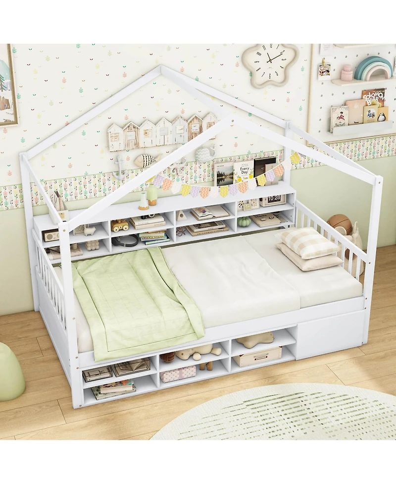Costway Twin Size House Bed Wooden Platform Bed Frame with Roof & 14 Storage Cubes