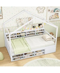 Costway Twin Size House Bed Wooden Platform Bed Frame with Roof & 14 Storage Cubes