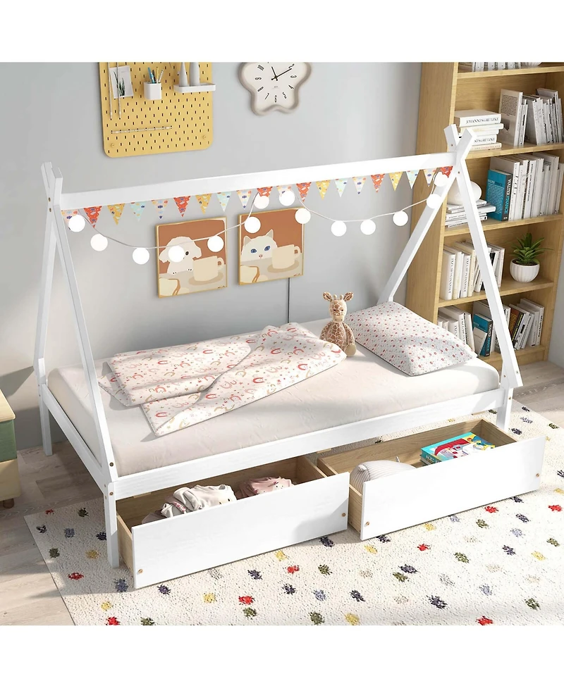 Costway Twin Wooden House Bed with 2 Drawers Roof Storage for Boys & Girls