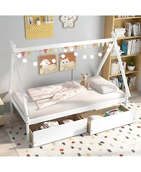 Costway Twin Wooden House Bed with 2 Drawers Roof Storage for Boys & Girls