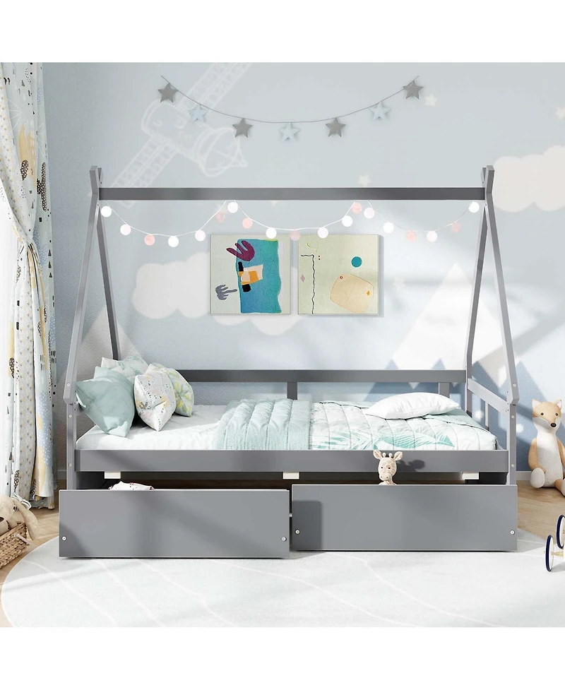 Costway Twin House Bed with Roof Safety Guardrail 2 Storage Drawers Wood Slat Support