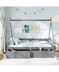 Costway Twin House Bed with Roof Safety Guardrail 2 Storage Drawers Wood Slat Support