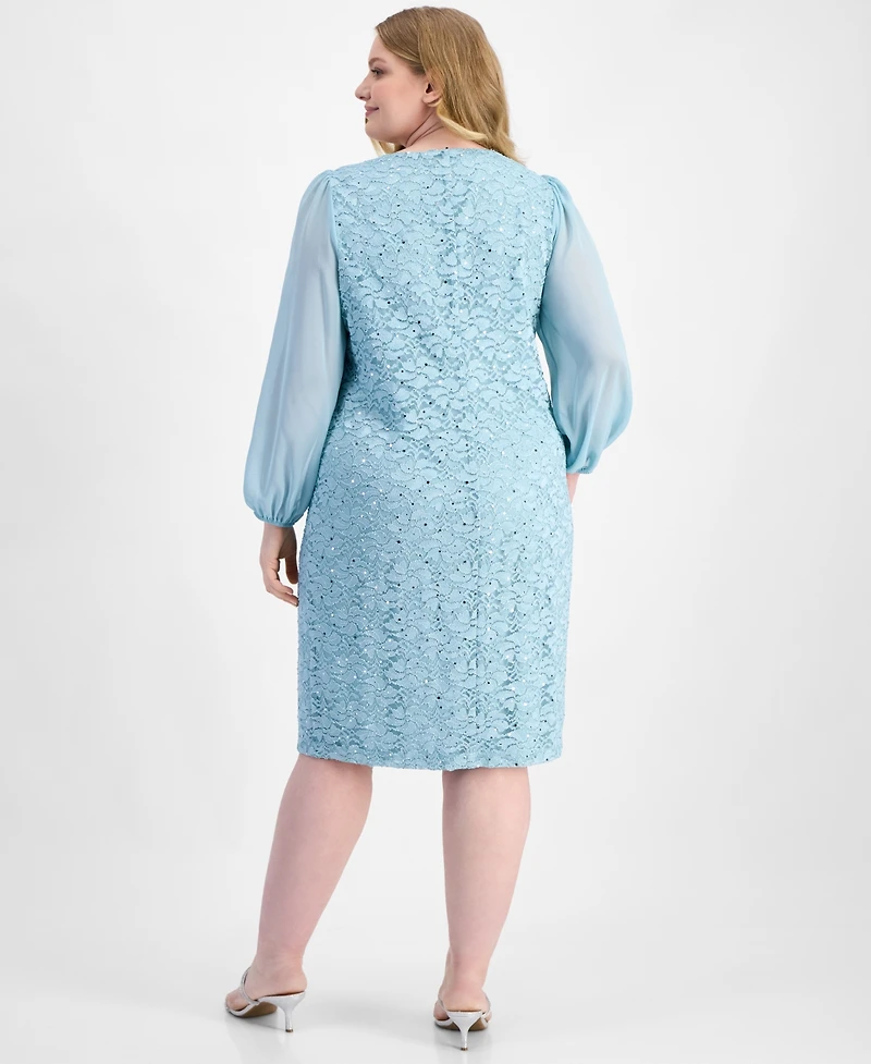 Connected Plus Sequin Lace Blouson-Sleeve Sheath Dress
