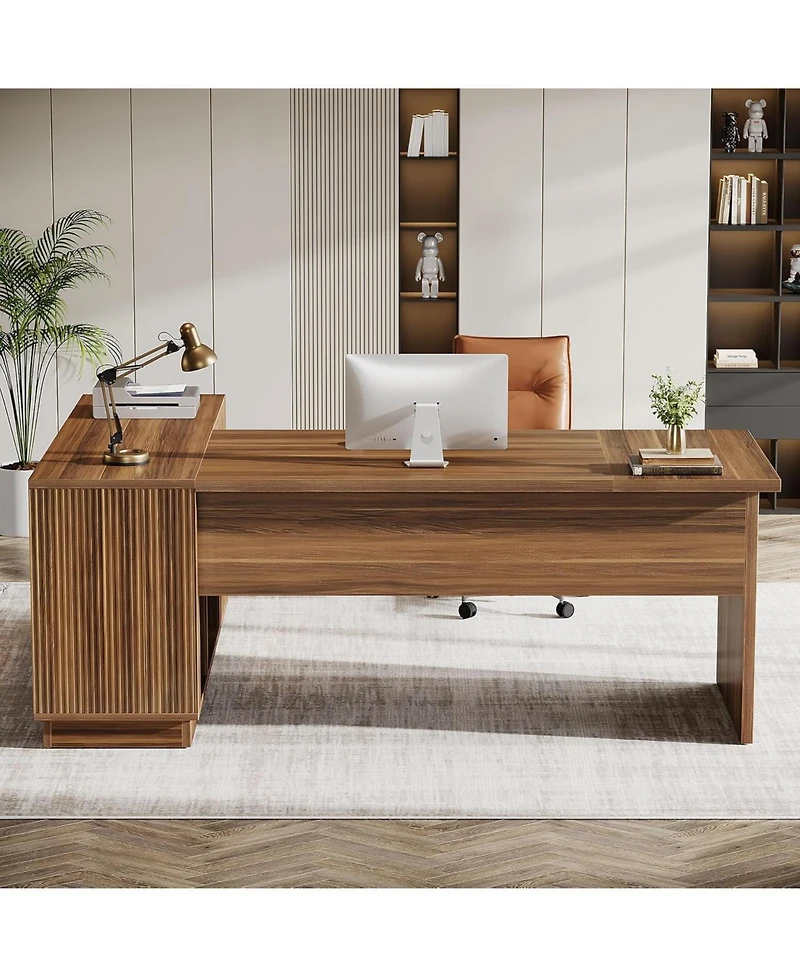 Tribesigns 70.8-Inch Fluted Executive Desk with File Cabinet, L-Shaped Office Desk with Storage Shelves, Large Modern Computer Desk