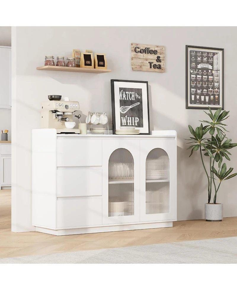 gaomon Sideboard Buffet Cabinet with Glass Door, Modern Storage Cabinet with Led Lights, 3 Drawers and Adjustable Shelves