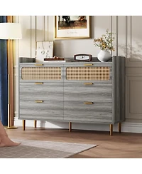 Gaomon 6-Drawer Tv Stand Dresser with Railed Edge, Mid Century Modern Gold-Leg Rattan Design, Double Dresser Storage Organizer