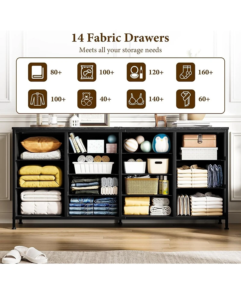 Gaomon 63" Dresser Tv Stand with 14 Fabric Drawers Built in Usb Ports Wide Multi Functional Storage Unit for 75" TVs