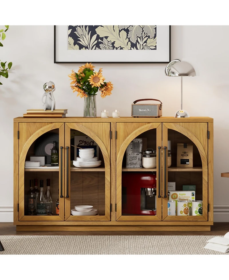 Streamdale Furniture Natural Wood 4-Door Sideboard Buffet with Glass Doors & Adjustable Shelves