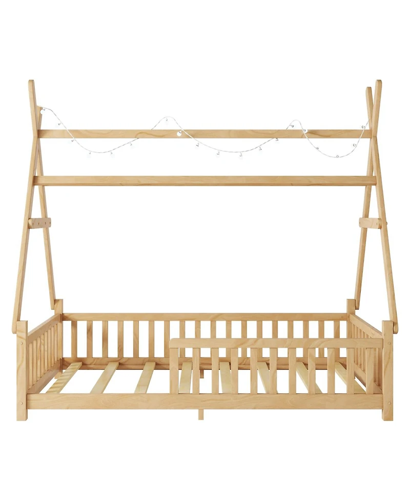 Draft - Streamdale Furniture Streamdale Twin House Bed with Light, Low Floor, Fence, Roof for Kids Boys Girls