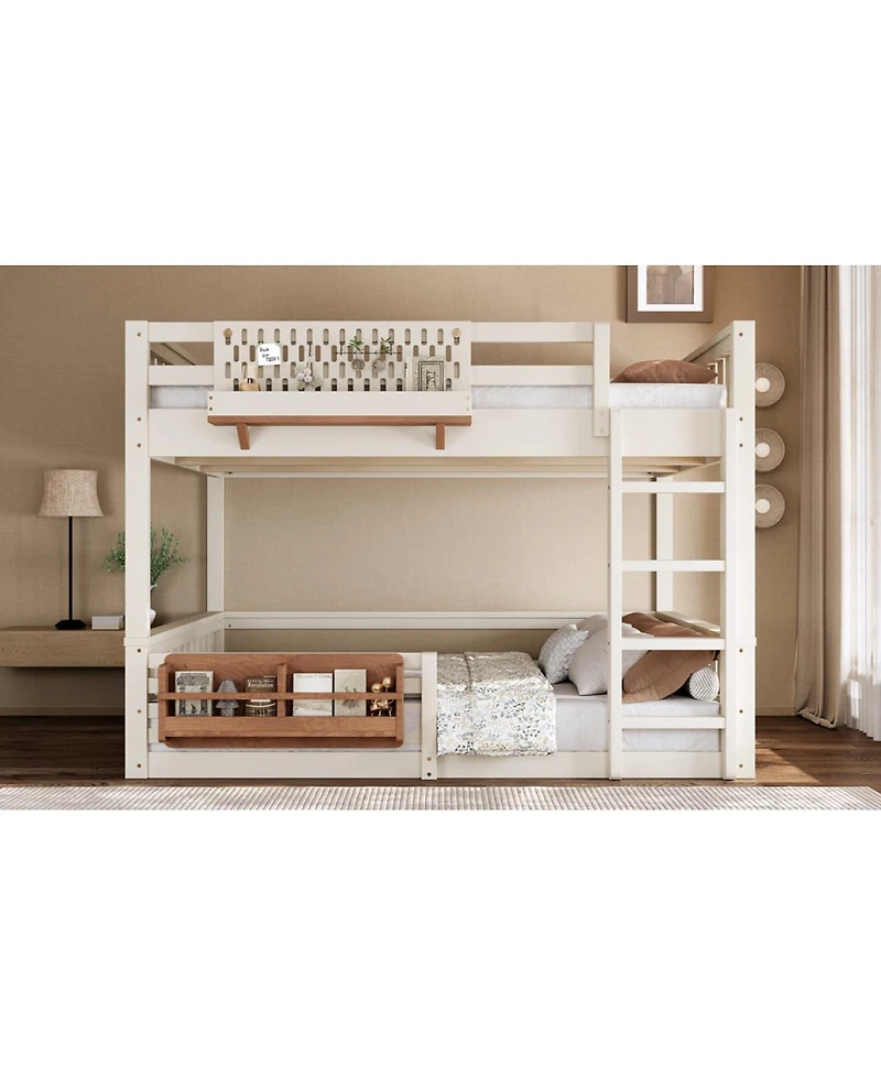 Streamdale Furniture Queen Bunk Bed with Ladder, Guardrails, Pegboard & Bookshelf, Beige