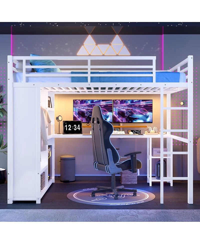 Streamdale Furniture Queen Size Loft Bed Frame with Wardrobe, Desk & Shelves