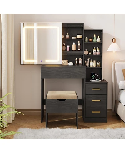 gaomon Senfot Vanity Desk with Sliding Mirror and Lights, Modern Makeup Vanity Table with 4 Drawers and 7 Storage Shelves