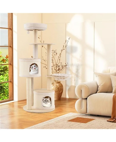 Aostirmotor 60"Tall Wooden Cat Tree with Scratching Posts & Condos