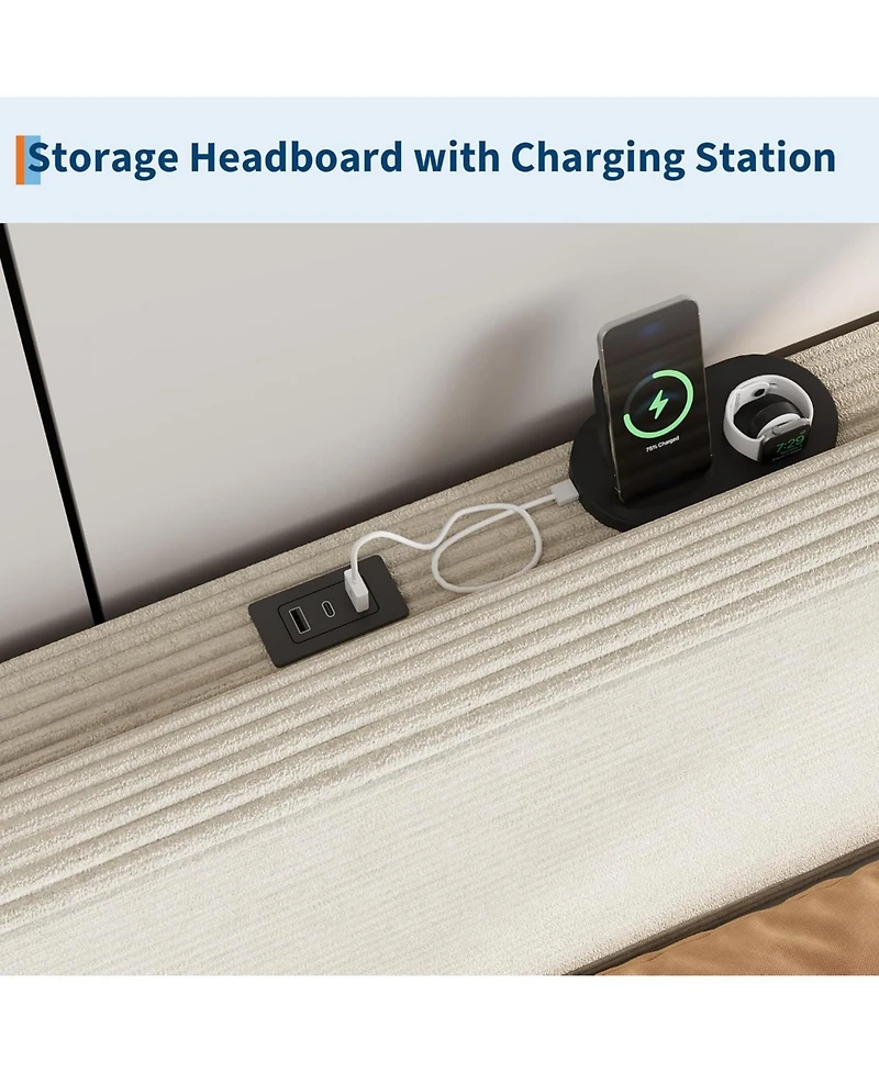 gaomon Platform Bed Frame with Usb Charging Station, Corduroy Upholstered Headboard, No Box Spring Needed
