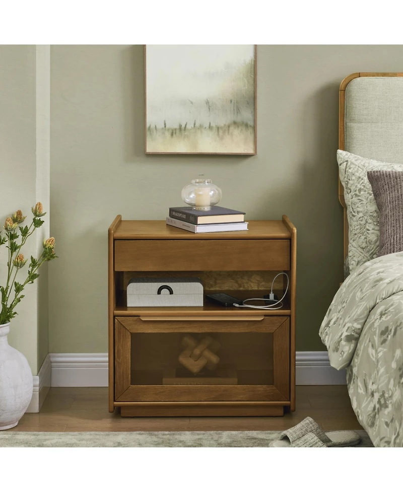 Streamdale Furniture Mid Century Modern Nightstand with Charging Station & 2 Drawers
