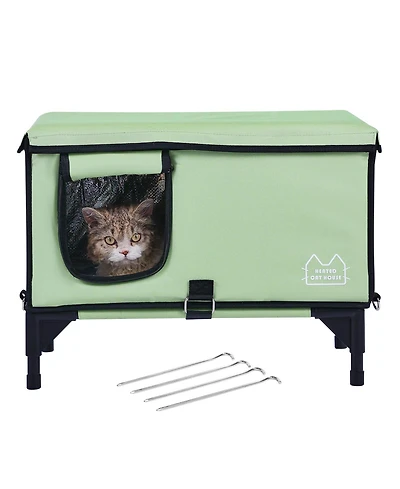 Zeus & Ruta Green Elevated Heated Cat House Cuboid Kitty Shelter with Heating Pad (M)