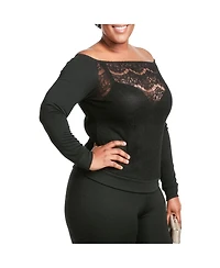 Poetic Justice Plus Lace Ponte Boat Neck Blouse Tops